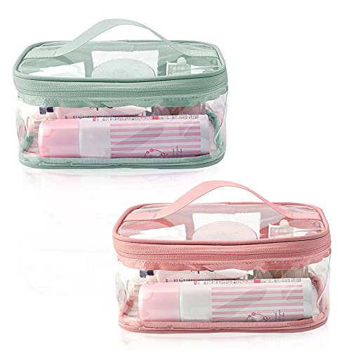 2 Stück tragbare transparente Kosmetiktaschen QLFJ-FurDec, durchsichtige, wasserdichte Kulturbeutel für Reisen, große PVC-Make-up-Taschen Organizer mit Griff für Damen, Herren, Badezimmer, Blau, Rosa Cover