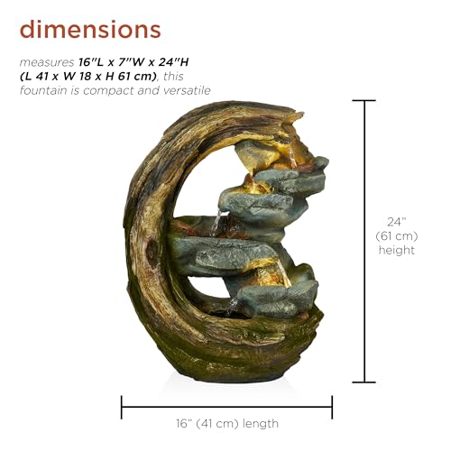 Alpine Corporation WIN1554S Outdoor Curved Trunk and Stone Floor Fountain with Warm White LED Lights, Tiered Garden Decor, 24" H, Brown - Image 3