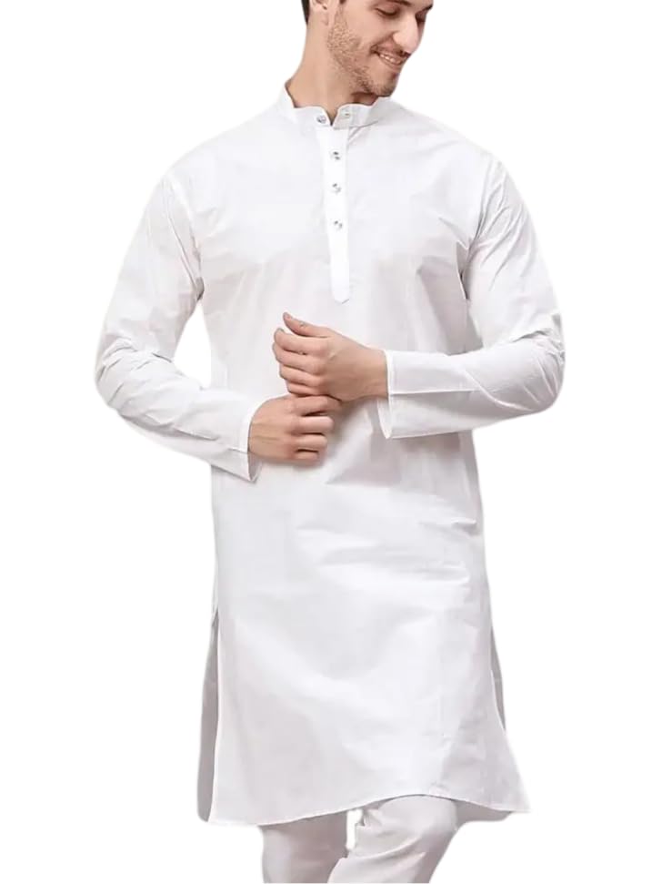Traditional White Cotton Kurta, Long Sleeve, Mandarin Collar with Buttons, Men's Ethnic Wear-picture-32