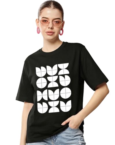 Image of Women's Typography Round Neck Cotton-Blend T-Shirts, Oversized Drop Shoulder Boho Style T-Shirt