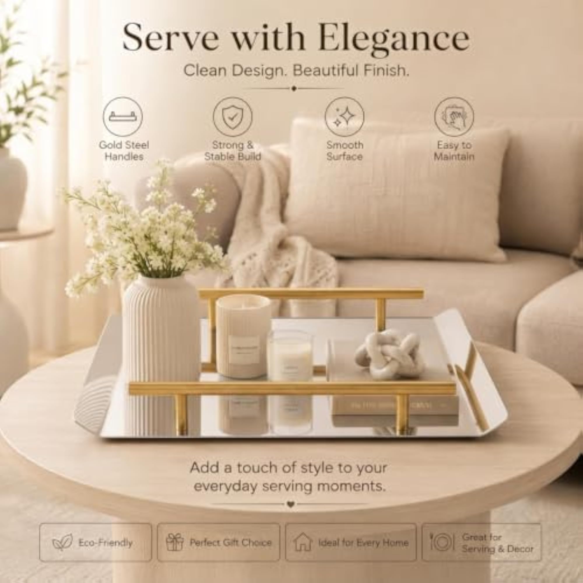 Modern Rectangle Decorative Serving Tray with Golden Handles