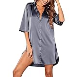 Qtinghua Sommer-Pyjama mit halblangen Ärmeln, einreihig, locker, einfarbig, Seide Gr. 38, grau