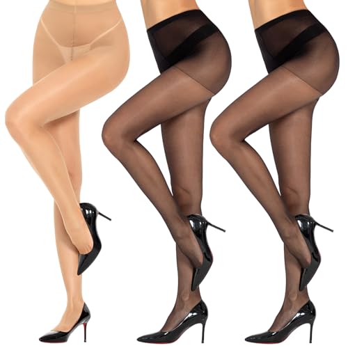 Shiny Pantyhose for Women 3 Pairs Shimmer Sheer Tights Silk Stockings High Waist Control Top