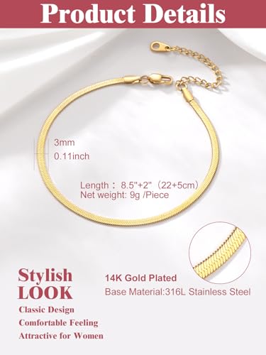 Image of FOCALOOK 14K Gold Plated Anklets for Women Waterproof Plus Size Ankle Bracelet 8.5-10.5 Inch Adjustable Mariner /Figaro /Flat Snake /Cuban Link Chain Anklet Jewelry for Summer Beach Holiday