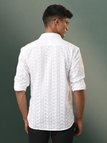Image of VASTRAMAY Men's Cotton Ethnic Shirt I Slim Fit Solid Chikankari Regular Shirt I Everyday Casual Summer Ease Long Sleeves Shirts