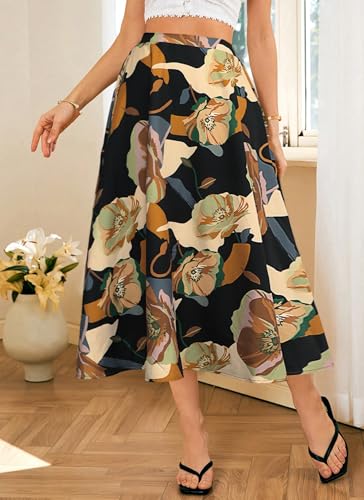 POPZONE Women's Midi Skirts Boho Fall Summer Flowy Elastic High Waist Floral Below The Knee Long Skirts for Women4