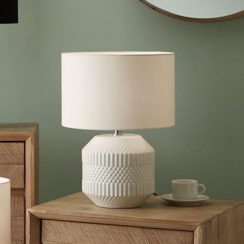 Pacific Lifestyle White Ceramic Table Lamp for Living Room| Modern Bedroom Standard Lamps | Scandi Geometric Embossed Pattern Lamp with White Cylinder Shade
