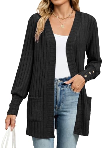 Image of Famulily Women's Ribbed Knit Loose Cardigans Open Front Sweater (L,Black)