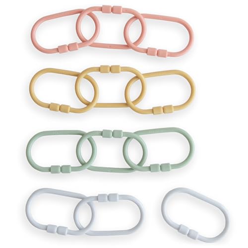 mushie Baby Chain Link Rings Toy 12-Count | Multiuse Car Seat Stroller Connecting Toy (Periwinkle, Mustard, Green, Coral)