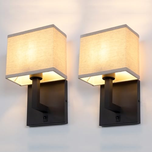 Image of Yosoan Set of 2 Linen Boho Fabric Wall Sconce with On Off Switch, Vanity Retro Hardwired Indoor Vintage Industrial Wall Mount Lamp Fixture Lighting for Bedside Living Room Stairwell Hallway(Black)