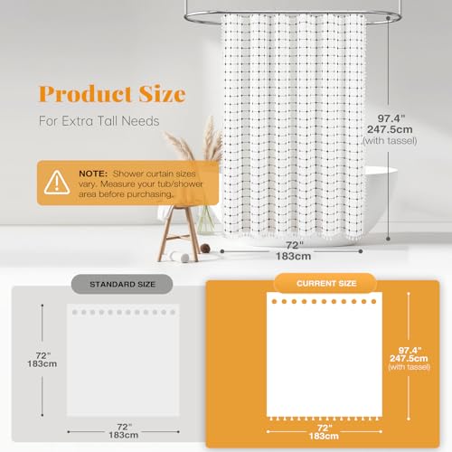 Image of BTTN Extra Long Shower Curtain - 72x96 Inch Long Boho Chic Linen Fabric Heavy Duty Shower Curtain Set with Hooks, Bohemian Farmhouse Shabby Chic Tassel Shower Curtains for Bathroom - White and Black