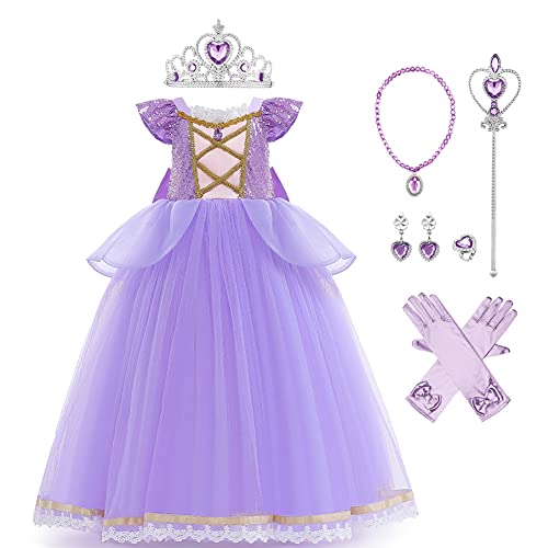 Disfraz de Princesa Sofia para Niñas, Elegante Maxi Vestido Largo con Accesorios para Cumpleaños Fiesta Halloween Navidad Cosplay Carnaval Disfraces Costume Baile Morado con Accesorios 9-10 Años