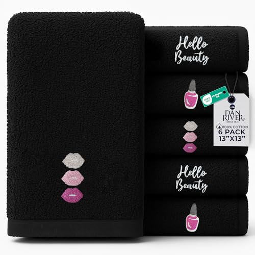 Image of DAN River Black Makeup Towels - Pack of 6 (13x13 in) - Ultra Soft Cotton Face Towels with Embroidery - Reusable, Quick-Dry & Machine Washable Makeup Remover Cloths for Bathroom, Spa & Salon