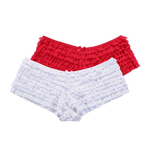 SHARICCA Womens Sexy Mesh Ruffle Panties Booty Boy Shorts Underwear Large-X-Large White and Red