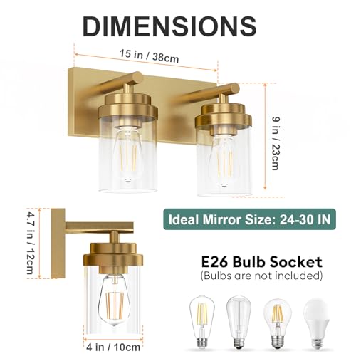 Image of IZORRO Bathroom Vanity Light Fixture, 2-Light 15 Inch Gold Bathroom Light Fixtures Over Mirror, with Clear Glass Shade, Modern Farmhouse Vanity Lights, Rustic Restroom Lighting Fixtures