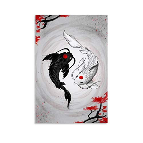 Impression sur toile Yin Yang - Carpe koï japonaise - Noir et blanc - Décoration d'intérieur - 50 x 75 cm - Sans cadre