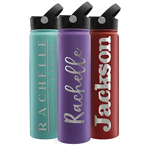 Personalized Water Bottle w Straw Lid Double Wall Insulated | 24 oz - 12 Font - Purple | 9 Color Custom Water Bottle w Name and Text, BPA Free - Non Sweat - Vacuum Insulated