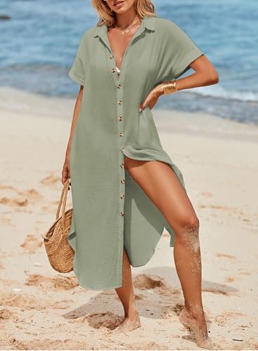 Image of Dokotoo Womens Long Cardigans Swimsuit Cover Ups Summer Beach Dress | Beach Vacation Clothes,Button Down Long Kimonos Cardigan,Side Split,Loose Fit Bathing Suit,Swimsuit Coverups Summer Dresses
