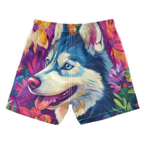 DOMIKING Husky Flowers Colorful Toddler Boys' Swim Trunks Mesh Lining Swim Shorts for Boy Kids Adjustable Waist 2T2
