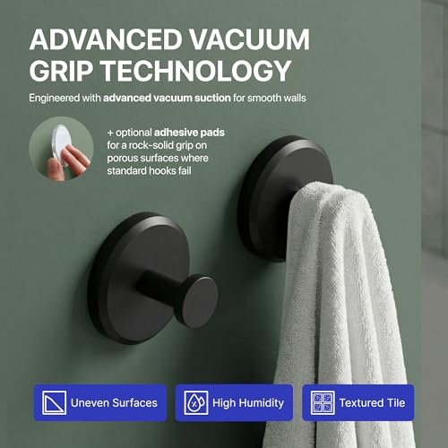 Image of HOME SO Suction Cup Hooks for Shower & Bathroom Towel Holder 2-Pack - Suction Cups Hooks for Hanging Towels, Robes, & Coats - Tiles, Glass Door or Mirror - Shower Hooks & Towel Hooks Organizer - Black