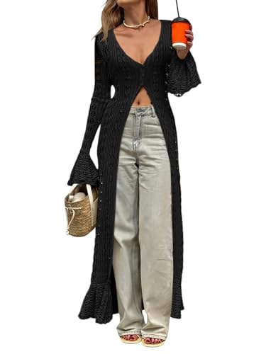 Saodimallsu Womens Crochet Long Cardigans Duster Button Up Bell Long Sleeve Ruffle 2026 Summer Boho Beach Cover Ups Black