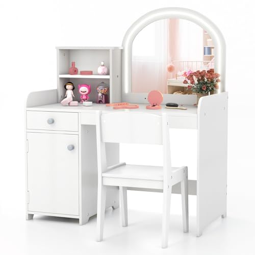 LIFEZEAL 2 en 1 Coiffeuse et Bureau pour Enfants avec Chaise, Table de Maquillage Fille avec Miroir LED & Casier, Coiffeuse en Bois avec Tiroir & Étagère, 3+...