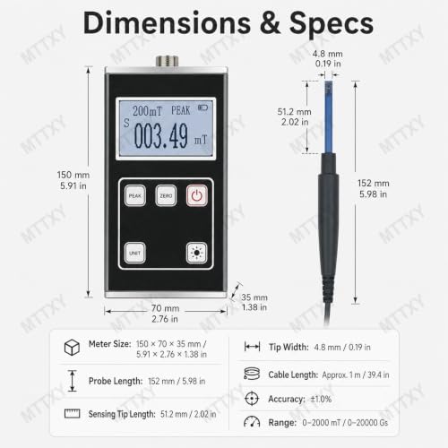 Medidor Gauss Digital 0-2000 mT de alta precisión ±1% con batería recargable 7