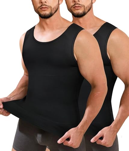 Junlan Men Compression Shirt Vest 2 Pack Slimming Body Shaper Tummy Control Shapewear Tank Tops Seamless Undershirts (Black/Black,L)