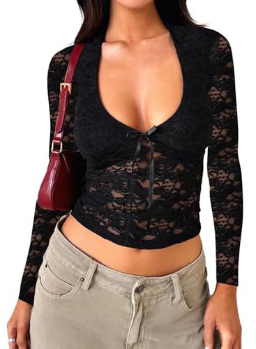 Women's Lace Long Sleeve Shirt Low Cut Y2K Slim Fit Top Bow Sexy Going Out Club Concert Clothes
