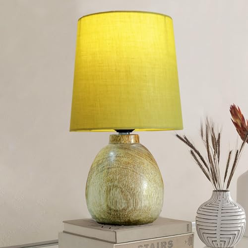 Image of Wooden Bedside Table Lamp with Fabric Shade, Warm Ambient Light, Handmade Mango Wood Base, Rustic Farmhouse Design, Cute Dowel Green, 15 x 15 x 25 cm