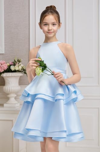 O Neck Flower Girl Dress for Wedding Girls Satin Pageant Dresses Short Party Formal Gown for Girls2