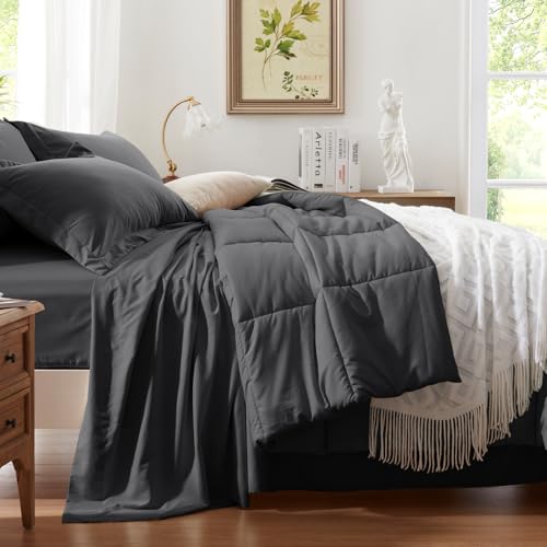 Anluoer Full Size Bed in a Bag 7 Pieces, Dark Grey Bed Comforter Set with Sheets, All Season Bedding Sets with 1 Comforter,2 Pillow Shams,2 Pillowcases, 1 Flat Sheet,1 Fitted Sheet