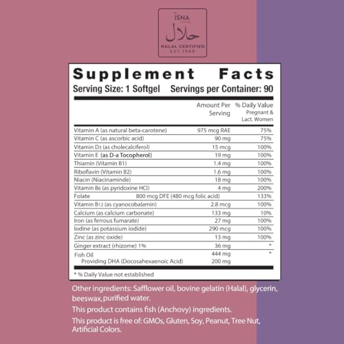 Image of Noor Vitamins Halal Prenatal Vitamins with DHA and Folic Acid, Essential Vitamins, Ginger to Soothe Mom's Stomach, Iron, Softgels, Prenatal Vitamin Before /During /Post Pregnancy (3 Months Supply)