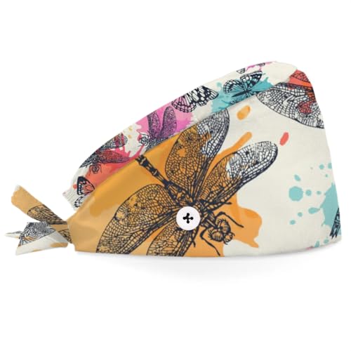 Mularoka Watercolor Dragonfly Butterfly Silhouettes Working Caps with Button Sweatband Comfortable Adjustable Bouffant Hats Work Hat for Women Men