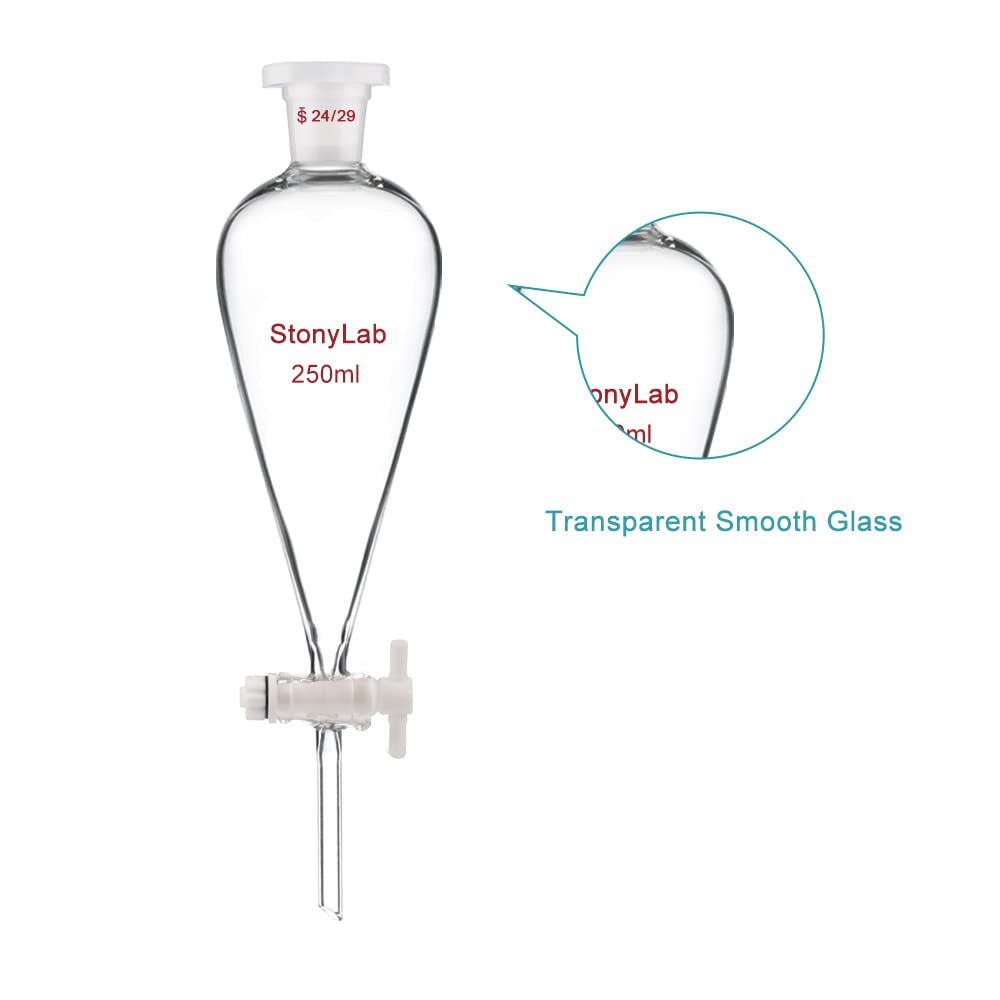 stonylab Embudo Separador de Cónico de Vidrio de Borosilicato con Juntas 24/29 y Tapón PTFE, Separatory Funnel Embudo de Laboratorio - 250ml