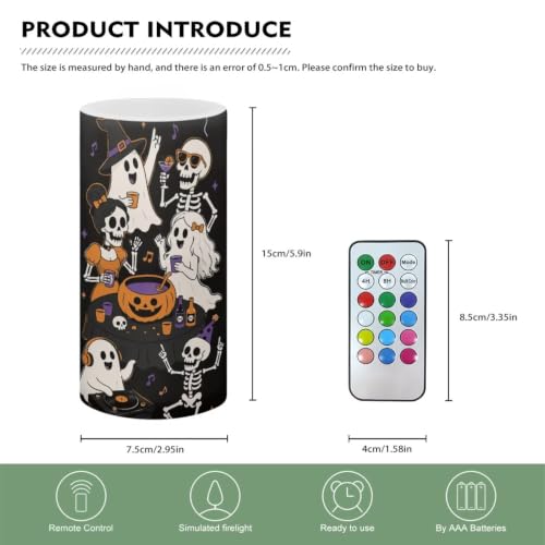 Image of Poceacles Flameless Candle Battery Powered with Remote Control 12 Colors 4 /8 Hours Timer LED Night Lights Pillar Candle Tealights Halloween Decoration, Ghost Pumpkin Musical Note Print