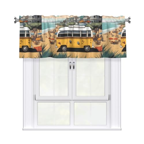 qqoupp Cortina corta con cenefa de 54 x 18 pulgadas, diseño de autobús, playa, playa, decoración del hogar, bloqueo de luz suave al tacto, para ventana de cocina y baño