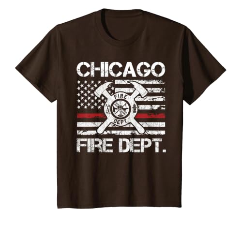 Chicago Illinois Fire Department Thin Red Line Fireman T-Shirt, Youth, Brown, X-Small