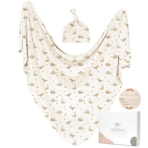 MairMore Baby Swaddle Receiving Blankets with Matching Beanie Set Newborn Nursery Swaddle Wrap for Baby Girls and Boys (Green Dinosaurs)