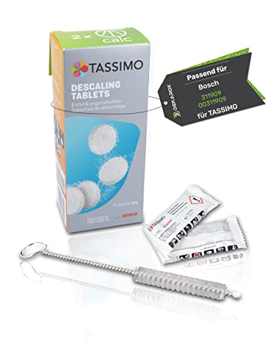 Pastillas descalcificadoras para 2 procesos de descalcificación para Bosch 311909 00311909 TCZ6004 con cepillo de limpieza DEKAROX para cafeteras Tassimo