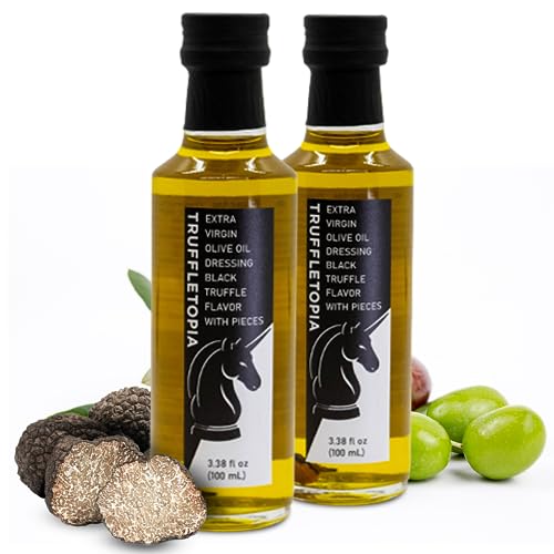 Truffletopia | Black Truffle Extra Virgin Olive Oil Dressing with Real Truffles | Cold Pressed, Flavorful Oil, Finish Dishes, Snacks, Gourmet Marinade, Seasoning | Vegan, Gluten Free, Keto | 3.38oz each (Pack of 2)