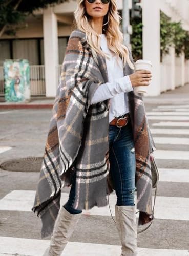 Image of Bestshe Women's Boho Open Front Poncho Plaid Shawl Wrap Cape | Tassel Cardigan Sweater, Cozy Layering, Fall Winter Clothes for Women