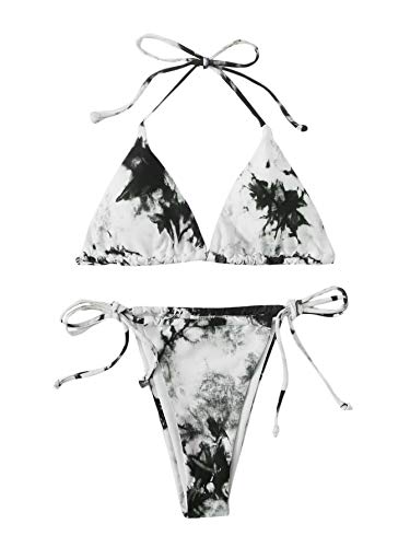 MakeMeChic Women's Tie Dye Tie Back String Triangle Bikini 2 Piece Swimsuit White S