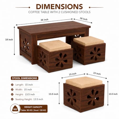 Image of Solid Sheesham Wooden Coffee Table With 2 Cushioned Stool|Teapoy Center Piece for Home Sofa Center Table for Living /Drawing Room,Hall|Space Saving Tea Table Set(Walnut Finish)Floral Jali