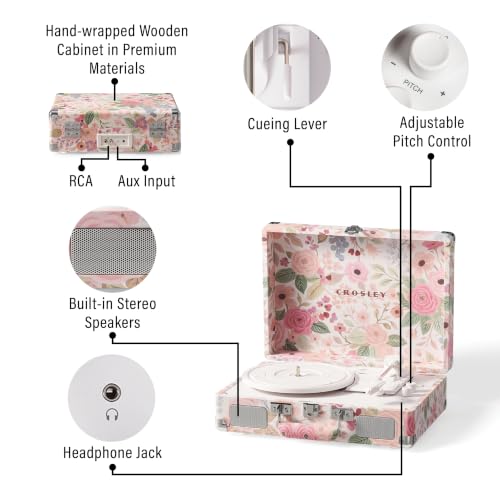 Image of Crosley CR8005F-PFG Cruiser Plus Record Player, Pink Flower Garden | 3-Speed Turntable, Bluetooth In / Out, Built-in Stereo Speakers, Isolated Internal Speakers Minimize Vibration