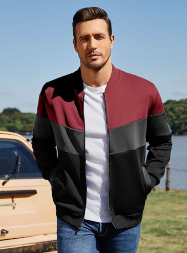 Image of Men's Lightweight Varsity Jacket Casual Bomber Jacket Stylish Color Block Coat
