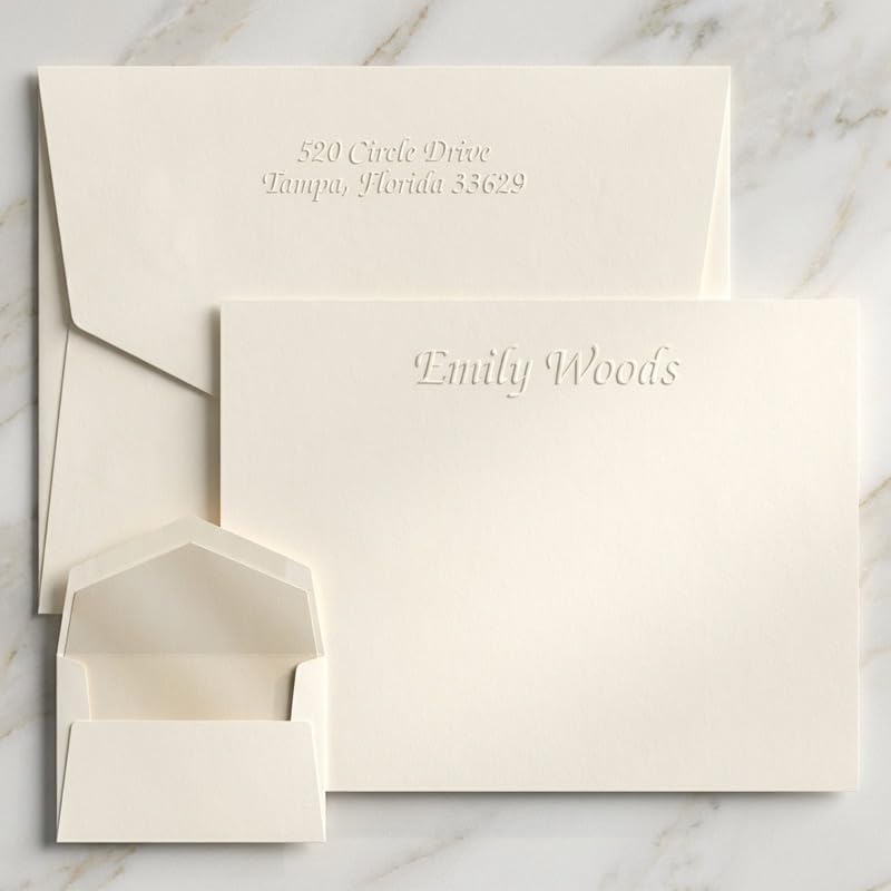 Personalized Embossed Flat Cards & Envelopes Set - Custom Stationery Note Cards for Thank You Notes - Custom Paper Correspondence Cards with Envelopes (25 Cards + 25 Envelopes)