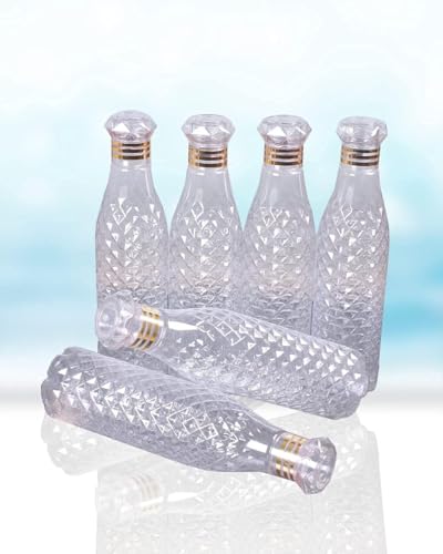 Image of Plastic Fridge Water Bottle - Crystal Diamond Cap Water Bottles for Kitchen, Home, Office, School, and Travel Set of (6)