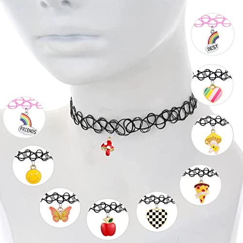 Bodyj4You 12Pc Tattoo Choker Necklace Set - 90S Accessories Women Teen Girls Kids - Pizza Apple Heart Star Charm Black Stretchy Jewelry - Summer Style Gift Idea #TOP4