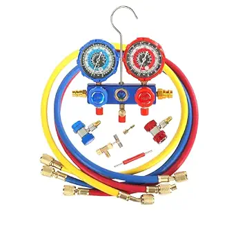 PB Motor Tech 3 Way AC Manifold Gauge Set for R134A, R410A, R22, R404A Refrigerants, with Quick Couplers, 410 Adapter, Puncturing Can Tap, Valve Core Tool. Perfect for Air Conditioning Maintenance